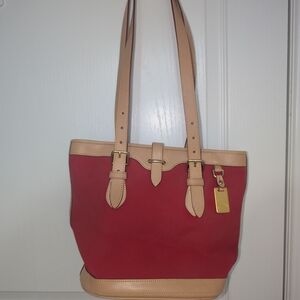 Dooney & Bourke Vintage Red and Tan Canvas Tote with Leather Trim